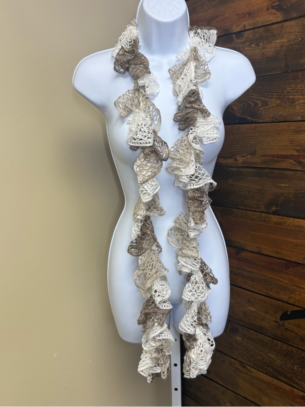 Cute Ruffled Crochet Scarf in Cream and Beige and brown